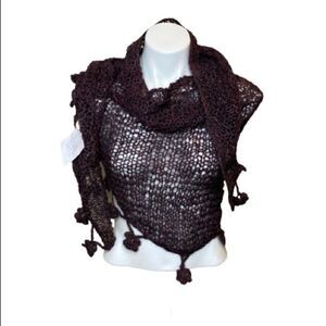 Hand knit burgundy and gray mohair triangle scarf size 78” X 23”